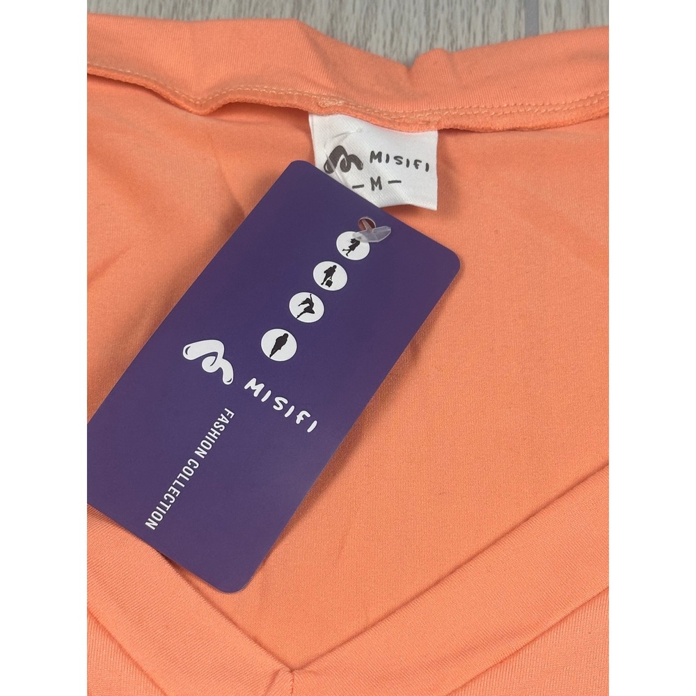 MISIFI Women's Peach V Neck‎ T-Shirt Dotted Mesh Cap Sleeve Top M - Picture 4 of 4